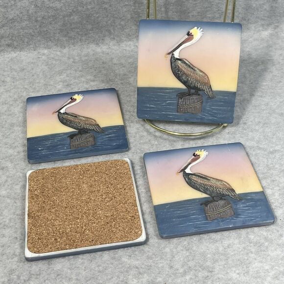 Pelican Ceramic Coaster for Drinks 4 Piece Set Cork Base Ocean Bird‎ Beach Theme - Picture 4 of 7